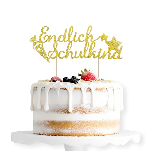 ALEGRE Endlich Schulkind Cake Topper Gold, Glitzer Schulanfang Tortendeko Einschulung Torten Deko, Schulkind 2025 Kuchen Deko, Zuckertüte Kuchendeko für Junge Mädchen Schuleinführung Party Dekoration von ALEGRE