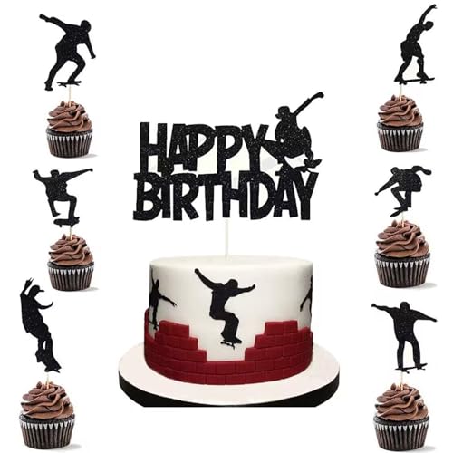 ALEGRE Skatoboard Tortendeko Junge,13 Stück Happy Birthday Kuchen Deko Schwarz,Skatoboard Tortenaufleger Geburtstag Junge Mädchen,Glitzer Cupcake Topper,Extreme Skateboarding Thema Party Deko Zubehör von ALEGRE