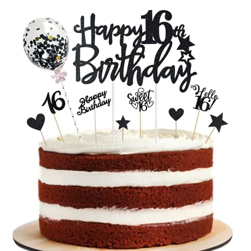 ALEGRE Sweet 16 Geburtstag Jungen Mädchen, 10 Stück Schwarz Tortendeko, Glitzer Happy 16th Birthday Cake Topper, Kuchen Deko 16 Jahre, Tortenaufsätze Geburtstagsdeko ALEGRE Sweet 16 Geburtstag Jungen Mädchen, 10 Stück Schwarz Tortendeko, Glitzer Happy 16th Birthday Cake Topper, Kuchen Deko 16 Jahre, Tortenaufsätze Geburtstagsdeko von ALEGRE