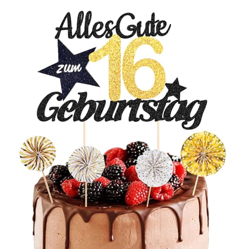 ALEGRE® Tortendeko 16. Geburtstag, 5 Stück Sweet 16 Kuchen Deko, Glitter Kuchendeko für Mädchen und Jungen, Deko Torte 16 Jahre von ALEGRE