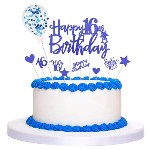 ALEGRE Tortendeko 16 Geburtstag Deko Junge Mädchen,10 Stück Glitzer Hello 16 Kuchendeko Geburtstag Junge,Happy 16 Birthday Cake Topper Blau,Kuchen Topper 16. Geburtstag,Sweet 16 Tortendeko Geburtstag von ALEGRE