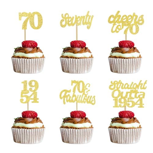 ALEGRE Tortendeko 70 Geburtstag,24 Stück Gold Cupcake Toppers 30. Geburtstag,Straight Outta 1954 Cupcake Deko,70 Geburtstag Kuchen Deko,Glitzer Deko 70 Geburtstag Mann Frau von ALEGRE