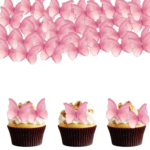 ALEGRE Tortendeko Essbar Schmetterlinge für Torte,48 Stück Rosa Schmetterlinge Esspapier Tortendeko,Kuchen Deko Essbare Schmetterlinge,Essbare Cupcake Topper,Muffin Deko Essbar für Geburtstag von ALEGRE