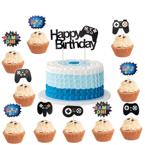 ALEGRE Videospiel Tortendeko Geburtstag Junge, 11 Stück Video Gaming Kuchen Deko,Spielkonsolen Thema Cupcake Topper,Happy Birthday Cake Topper Gamer Deko,Torten Deko für Kindergeburtstag von ALEGRE