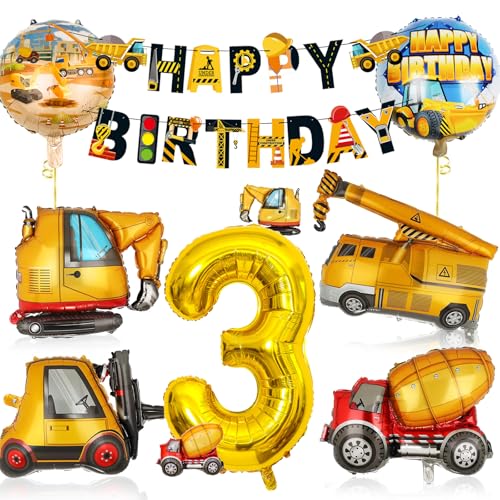 Bagger Geburtstag Deko 3 Jahre, Baustellen Geburtstagsdeko 3 Jahre Junge, Bagger Deko 3. Geburtstag Junge Set mit Bagger Luftballon und Happy Birthday Banner, Baustellen Deko Kindergeburtstag Party von ALEGRE