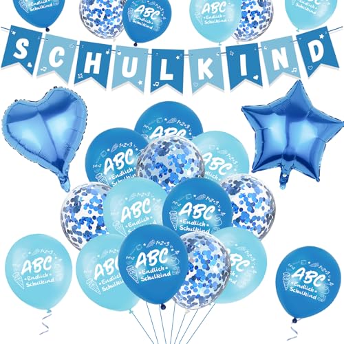 Einschulung Deko Blau, Schulanfang Deko Einschulung Junge, 21 Stk Schulkind Deko Set mit 2025 Hängende Schulkind Girlande Banner, Deko Schulanfang Ballon für Einschulungsfeier, Schuleinführung Party von ALEGRE