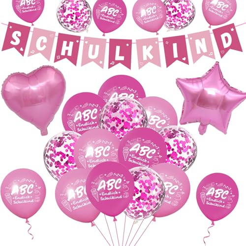 Einschulung Deko Rosa, Schulanfang Deko Einschulung Mädchen, 21 Stk Schulkind Deko Set mit 2025 Hängende Schulkind Girlande Banner, Deko Schulanfang Ballon für Einschulungsfeier, Schuleinführung Party von ALEGRE