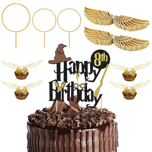 Glitter Magier Tortendeko 8. Geburtstag,54 Stk Wizard Cake Topper 8. Geburtstag,Golden Snitch Wings Schokolade Cake Topper Geburtstage,Kindergeburtstag Party Kuchen Deko,Magic Theme Party Supplies von ALEGRE