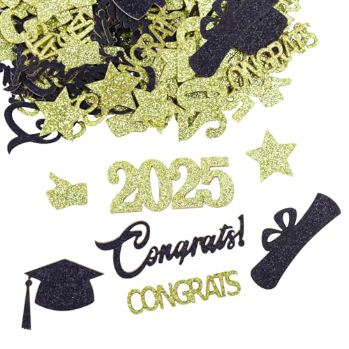 ALEGRE® Graduation Deko 2025 Bachelor Deko Konfetti, Prüfung Bestanden Deko Glitzer Abschluss Deko Tischdeko, Adoktorhut Streudeko Confetti für Congratulations Grad Bestandene Prüfung (Schwarz Gold) von ALEGRE
