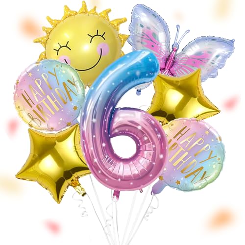 ALEGRE® Sonne Schmetterlinge Deko 6 Geburtstag Mädchen, Folienballon Schmetterling Deko Luftballon 6. Geburtstag, Geburtstagsdeko Mädchen 6 Jahre, Kindergeburtstag Deko für Schmetterling Themen Party von ALEGRE