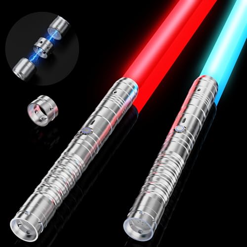 Lichtschwert Kinder & Erwachsene, USB-C Ladefunktion, RGB 15 Farben, 2-in-1 Duell Lightsaber mit 4 Modi, Metallgriff & robustem Schwert, Laserschwert Set 2 Stück (Silber 2pc) von ALEIFLE