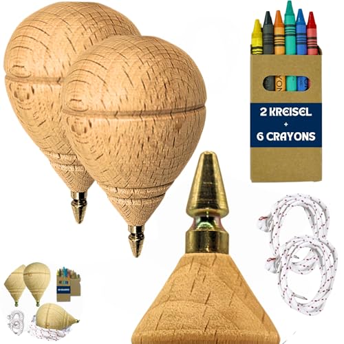 AF® Kreisel aus Holz, Set mit Kreiseln für Kinder + Buntstifte für Kinder, Personalisieren Sie Ihren Trompo aus Holz (2 Minis und 6 Wachsmalstifte) von ALEJANDRO FUENTES
