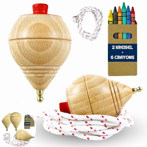 AF® - Kreisel Holz, Set mit 2 Kreisel für Kinder + 6 Buntstifte für Kinder | Personalisiere deinen traditionellen holzkreisel für Kinder von ALEJANDRO FUENTES