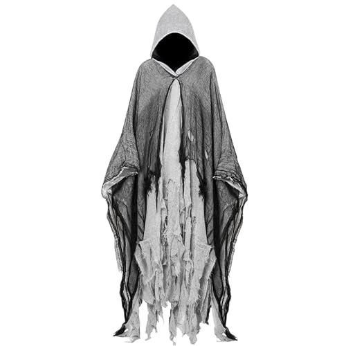 ALINILA Halloween Kostüm Herren Gruselig: Geist Outfits Umhang mit Kapuze - Sensenmann Hexe Gespenst Kostüm Erwachsene Damen (Grau) von ALINILA
