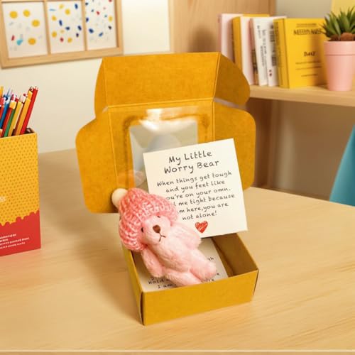 Sorgenbär, Kleiner Bär in einer Schachtel mit Hut, Mini Plüsch Taschen Abschlussbären mit inspirierender Karte, kleine Puppe in einer Schachtel emotionale Unterstützung inspirierende Geschenke von ALINUOYQ