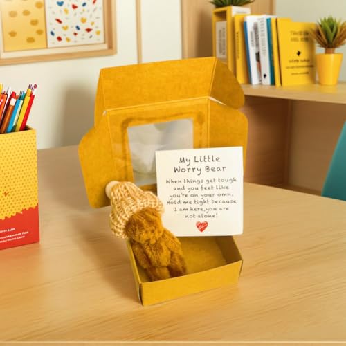 Sorgenbär, Kleiner Bär in einer Schachtel mit Hut, Mini Plüsch Taschen Abschlussbären mit inspirierender Karte, kleine Puppe in einer Schachtel emotionale Unterstützung inspirierende Geschenke von ALINUOYQ