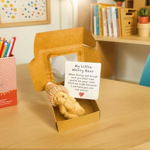 Sorgenbär, Kleiner Bär in einer Schachtel mit Hut, Mini Plüsch Taschen Abschlussbären mit inspirierender Karte, kleine Puppe in einer Schachtel emotionale Unterstützung inspirierende Geschenke von ALINUOYQ