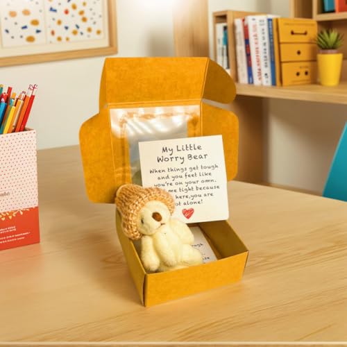 Sorgenbär, Kleiner Bär in einer Schachtel mit Hut, Mini Plüsch Taschen Abschlussbären mit inspirierender Karte, kleine Puppe in einer Schachtel emotionale Unterstützung inspirierende Geschenke von ALINUOYQ