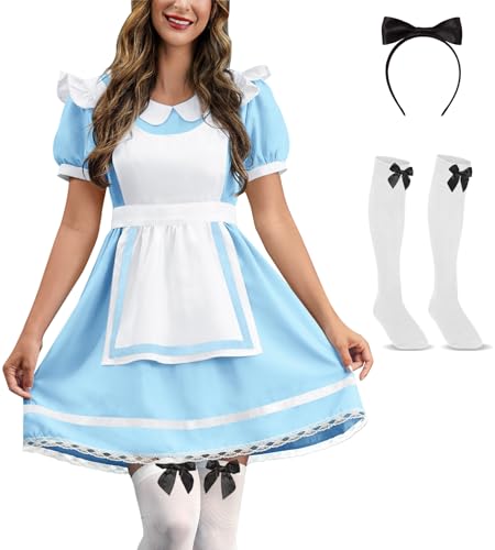 ALIREVERIE Blau-weißes Prinzessinnenkleid für Damen, mit Schleife, Stirnband und weißen Socken, Größe XS - 2XL, blau / weiß, XS von ALIREVERIE