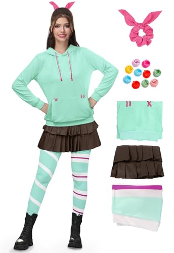ALIREVERIE Damen Halloween Cosplay Hoodie Kostüm Set Faltenrock Leggings Outfits mit Haargummi und Clips, Mintgrün (5 Stück), XXL von ALIREVERIE