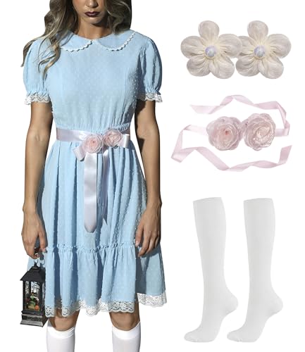 ALIREVERIE Damen Halloween Gruseliges Kostüm Kurze Puffärmel Cosplay Kleid mit Haarspangen, Blau (Schweizer Punktstruktur), S von ALIREVERIE