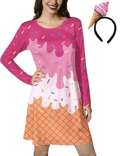 ALIREVERIE Damen Halloween Lustiges Stirnband Essen Obst Druck Kostüm Langarm Minikleid mit Taschen, Eiscreme (Stirnband im Lieferumfang enthalten), L von ALIREVERIE