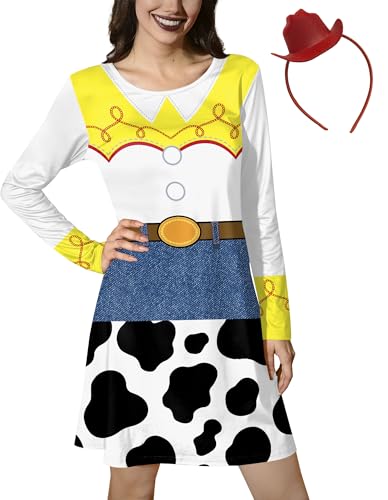 ALIREVERIE Damen Halloween Obst Essen Gedruckt Kostüm mit Taschen Langarm Minikleid mit süßem Stirnband, Kuhdruck (Stirnband im Lieferumfang enthalten), Medium von ALIREVERIE