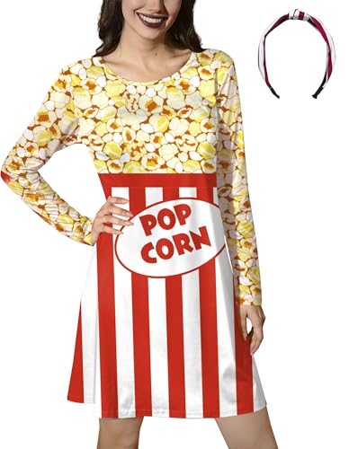 ALIREVERIE Damen Halloween Obst Essen Gedruckt Kostüm mit Taschen Langarm Minikleid mit süßem Stirnband, Popcorn (Stirnband im Lieferumfang enthalten), Small von ALIREVERIE