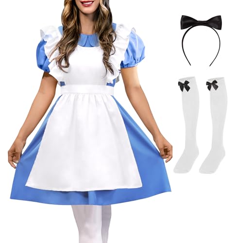 ALIREVERIE Damen Halloween Prinzessin Kleid Kostüm Blau und Weiß Kurzarm Cosplay Outfit mit Schürze Stirnband Socken XL ALIREVERIE Damen Halloween Prinzessin Kleid Kostüm Blau und Weiß Kurzarm Cosplay Outfit mit Schürze Stirnband Socken XL von ALIREVERIE