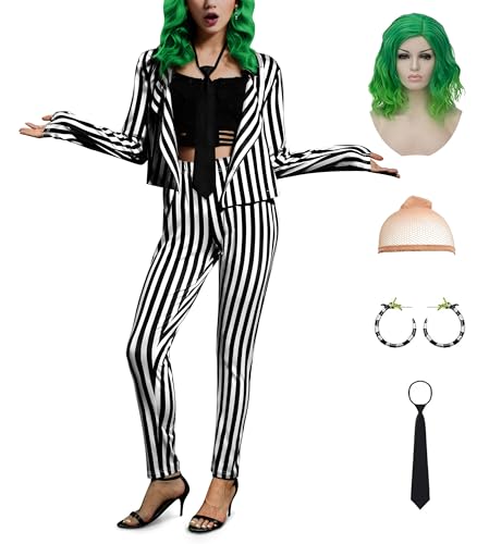 ALIREVERIE Damen-Kostüm-Set, Halloween, Cosplay, Cosplay, Blazer, gruselig, vorne offen, Beetlejuuie, gestreift, schwarz-weiß, 6-teilig, Größe M von ALIREVERIE