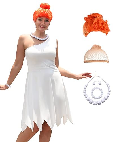 ALIREVERIE Halloween Fliintstone Plus Size Kostüm Outfit für Frauen Wlima Weiß Cosplay Kleid mit Halskette Armband 4XL von ALIREVERIE