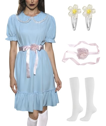 ALIREVERIE Halloween-Kleid für Damen, Peter-Pan-Kragen, kurze Puffärmel, Gardy-Zwillings-Zwillingskostüm, Lolita, Schwester, Kostüm, Blau, gerüschter Saum, Größe M von ALIREVERIE