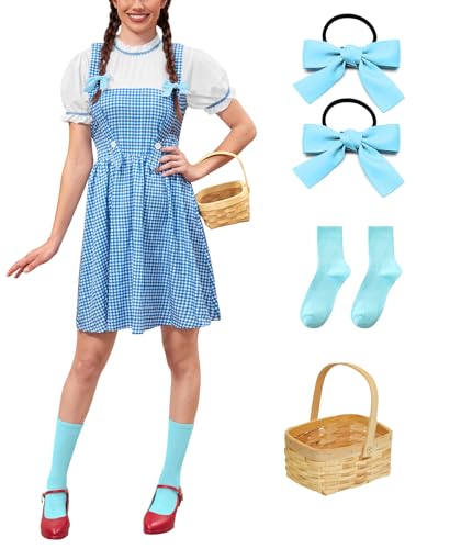 ALIREVERIE Halloween-Kostüm für Damen, 4-teilig, Doothy, Blau und Weiß, Gingham-Muster, Cosplay, Puffärmel, Zauberer-Kleid mit Korb, Größe XXL von ALIREVERIE