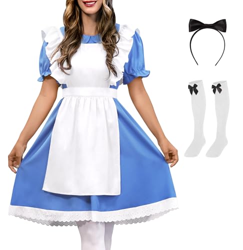 ALIREVERIE Halloween-Kostüm für Damen, Blau-Weiß, Puffärmel, Prinzessinnen-Kostüm, Kleid, Größe XXL von ALIREVERIE
