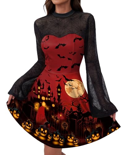 ALIREVERIE Halloween-Kostüm für Damen, Glockenärmel, Rundhalsausschnitt, Vintage-Stil, Netzstoff, Gothic-Cocktailkleid, Haunted Red, XL von ALIREVERIE