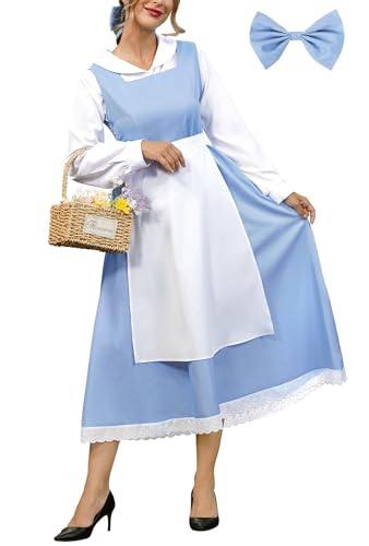 ALIREVERIE Halloween-Kostüm für Damen, Peter-Pan-Kragen, langärmelig, blau, weiß, Bauernprinzessin, Dienstmädchenkleid, Blau, M von ALIREVERIE