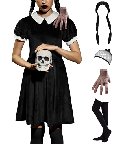 Halloween-Kostüm für Damen, Puffärmel, A-Linie, plissiert, schwingend, Samt-Minikleid, Schwarz, Größe S von ALIREVERIE