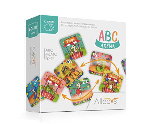 ALLEOVS® ABC-Arena – Buchstaben-Memo-Spiel mit Zirkus-Tieren, Lernspiel für 1 – 6 Kinder ab 4 Jahren, 52 Karten zum Alphabet Lernen von ALLEOVS
