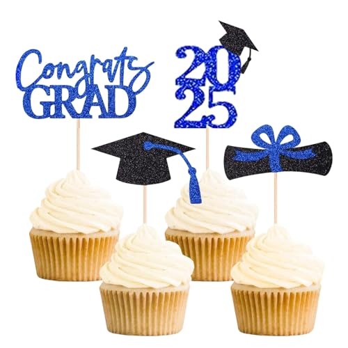24 Stück 2025 Graduation Cupcake Topper, Blau Glitzer Congrats Class of 2025 Diplom Cap Cupcake Abschlussfeier Thema Party Kuchen Dekorationen Supplies von ALLGAYER