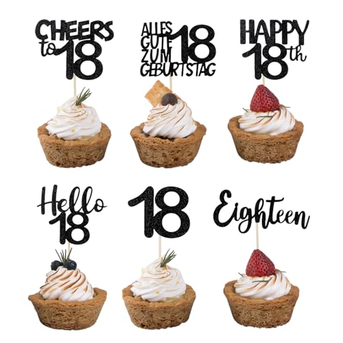 ALLY-MAGIC Cupcake Topper 18. Geburtstag, 12 Stück Muffin Deko, Schwarz Glitzer Cupcake Deko 18. Geburtstagdeko, Happy 18th Tortendeko, Kuchen Deko für 18. Mädchen Junge E21-18ZSDGCP von ALLY-MAGIC