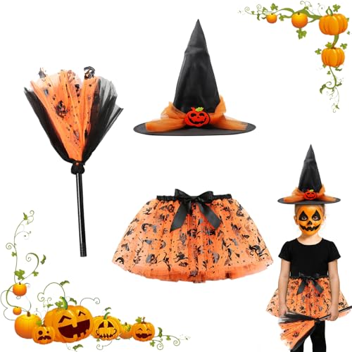 ALLY-MAGIC Halloween Hexe Tutu Outfit, 3-teiliges Hexenkostüm-Set mit Hut, Rock, Besen für Kinder, Mädchen, Halloween, Cosplay, Party, Y8WSZBSJT von ALLY-MAGIC