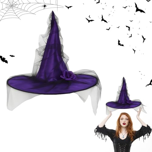 ALLY-MAGIC Hexenhut, lila Rose, Zaubererhut mit Schleier, Cosplay-Zubehör für Kinder und Damen, Halloween-Kostüm, Party, Maskerade, Partys Y8ZSMGNWM von ALLY-MAGIC