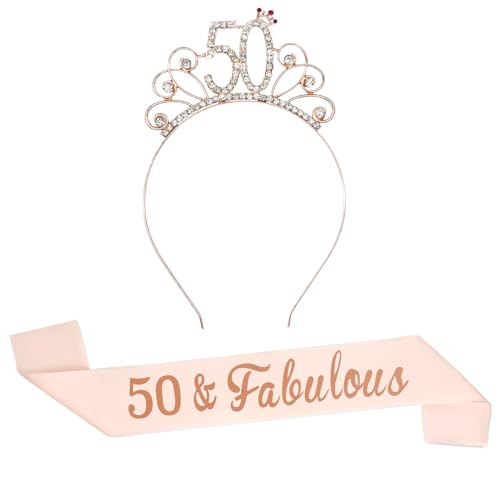 ALLY-MAGIC Schärpe zum 50. Geburtstag & Geburtstagskrone Roségold Strass Tiara Stirnband Schärpe Set für Frauen 50. Geburtstag Dekorationen Geburtstag Geschenk für Frauen Partyzubehör Y9SRJDFGTZ50 von ALLY-MAGIC