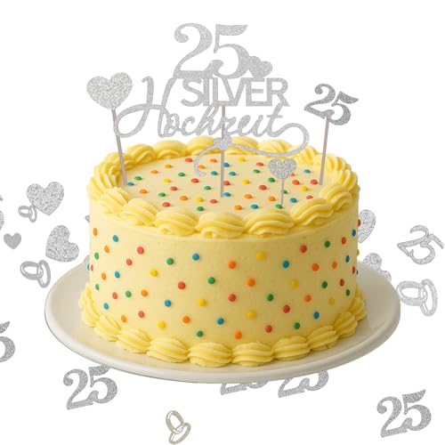 ALLY-MAGIC Silberhochzeit Deko Set, Silberne Hochzeit Cake Topper, 25 Deko Hochzeit Tischdeko, Silber Glitzer Tortendeko und Konfetti für das 25. Jubiläum, 25 Hochzeitstag E21-50SCPZXTZ von ALLY-MAGIC