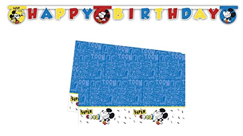 ALMACENESADAN 8435510347376 4737 Party-Set Disney Mickey bestehend aus Tischdecke 120 x 180 cm und Happy Birthday Girlande ca. 2,40 m, ideal für Partys und Geburtstage von ALMACENESADAN