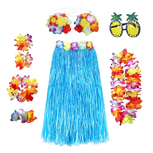 ALMDA Hawaiian Hula 8 Set, Damen Tropical Dance mit Girlanden und Ananas-Brille, Sommer Hawaii Strand Tropische Fasching Party Kostüm (Blau) von ALMDA