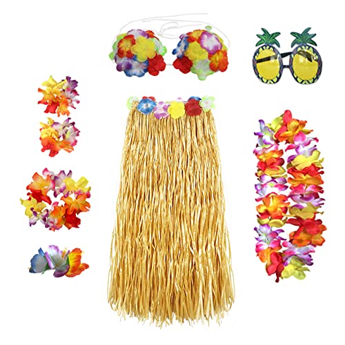 ALMDA Hawaiian Hula 8 Set, Damen Tropical Dance mit Girlanden und Ananas-Brille, Sommer Hawaii Strand Tropische Fasching Party Kostüm (Strohfarbe) von ALMDA