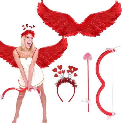 Amor-Kostüm-Set Amor Bogen Pfeil 80cm Engelsflügel: Valentine Karneval Kostüm Prop Partyzubehör - Herz Stirnband Amor Requisite Cosplay für Mädchen Jungen Frauen Kinder Erwachsene von ALNILK