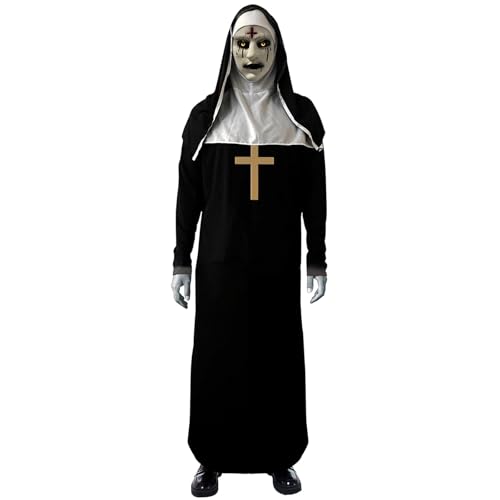 ALNILK Halloween Nonne Kostüm mit Nonne Gruselmaske Erwachsene Nonne Outfit Schwarz Priester Outfit Deluxe Halloween Party Cosplay Akt Kostüme Herren Damen (XL) von ALNILK