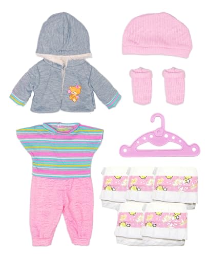 ALONK Puppenkleidung 36cm-43cm, Puppenkleider mit Mantel Bluse Hosen Hut und Socken Kleiderbügel, Babywindeln(Keine Puppe) von ALONK